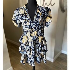 Elan Cotton Tiered Navy Floral Ruffle Mini Dress V Neck Large New (Orig. $74)